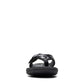 Clarks Breeze Sea black patent flip-flops with a lightweight sole and adjustable strap closure. front view.