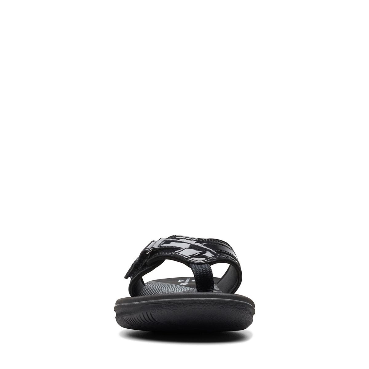 Clarks Breeze Sea black patent flip-flops with a lightweight sole and adjustable strap closure. front view.