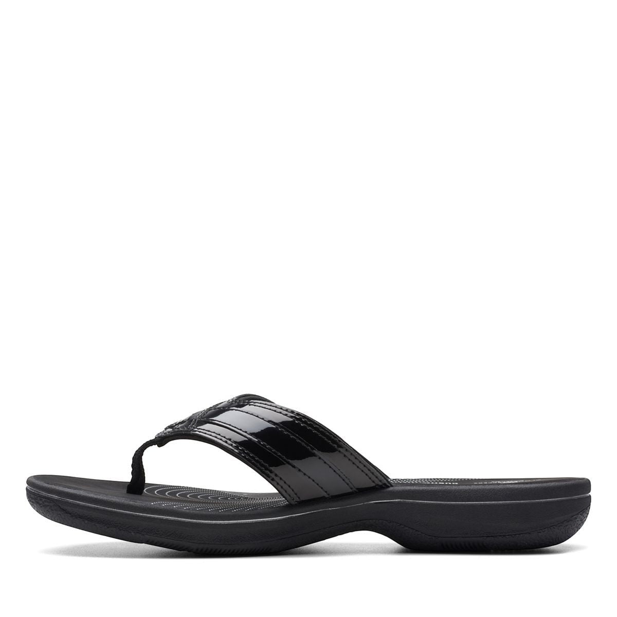 Clarks Breeze Sea black patent flip-flops with a lightweight sole and adjustable strap closure. left view.