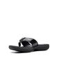 Clarks Breeze Sea black patent flip-flops with a lightweight sole and adjustable strap closure. front view.