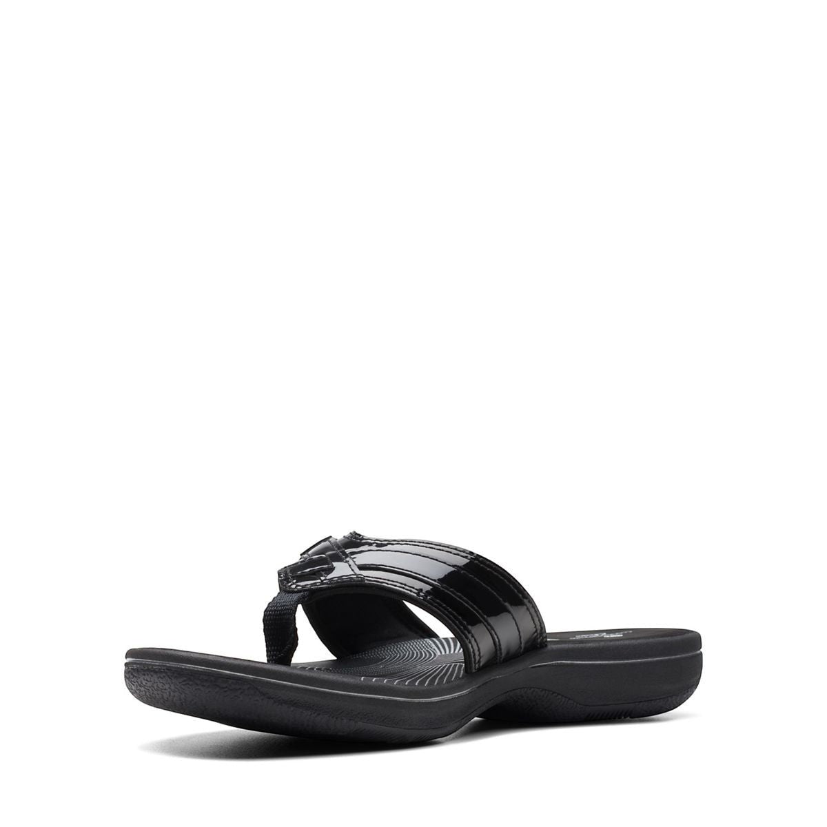 Clarks Breeze Sea black patent flip-flops with a lightweight sole and adjustable strap closure. front view.
