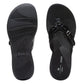 Clarks Breeze Sea black patent flip-flops with a lightweight sole and adjustable strap closure. bottom view.