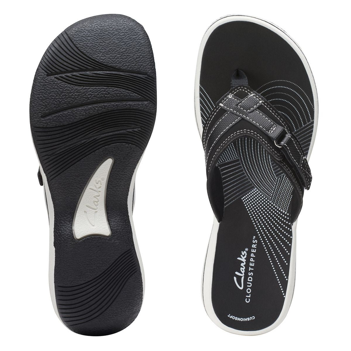 Clarks Breeze Sea black synthetic flip-flops with a lightweight sole and adjustable strap closure. top view.