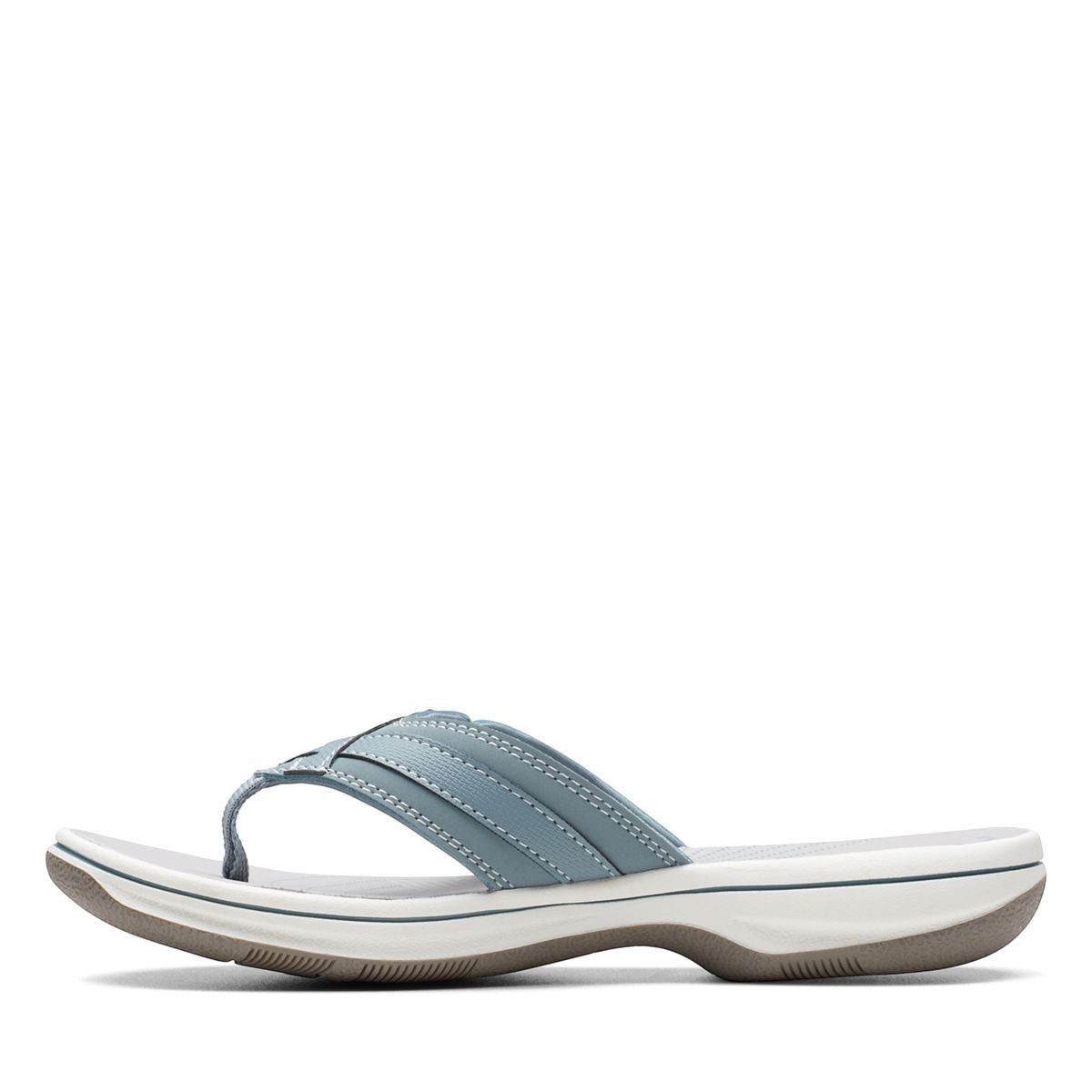 Clarks Breeze Sea flip-flops in blue gray with a lightweight sole and adjustable strap closure. left view.