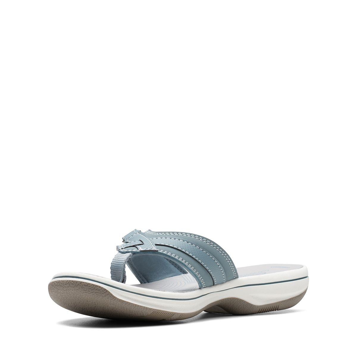 Clarks Breeze Sea flip-flops in blue gray with a lightweight sole and adjustable strap closure. front view.