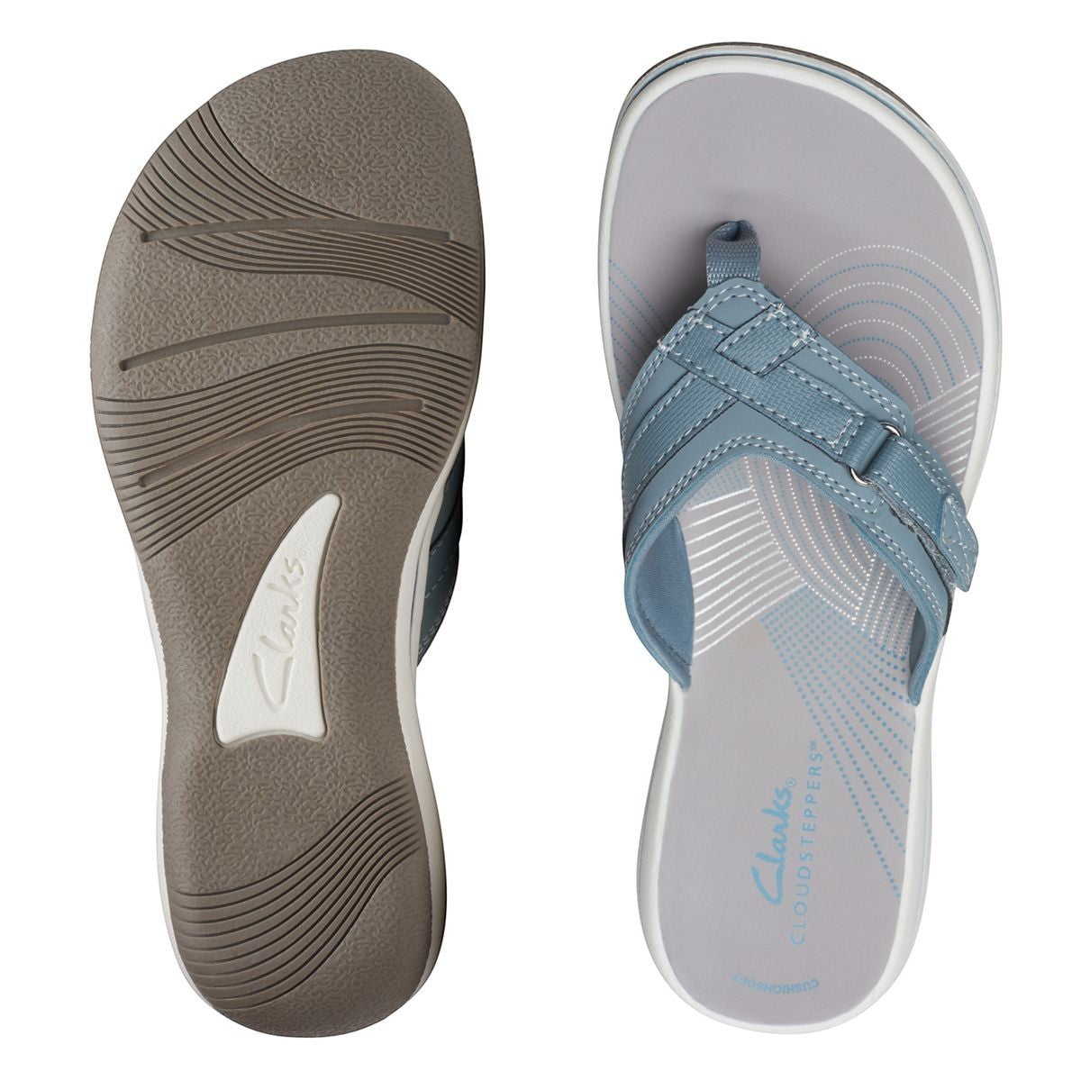 Clarks Breeze Sea flip-flops in blue gray with a lightweight sole and adjustable strap closure. top view