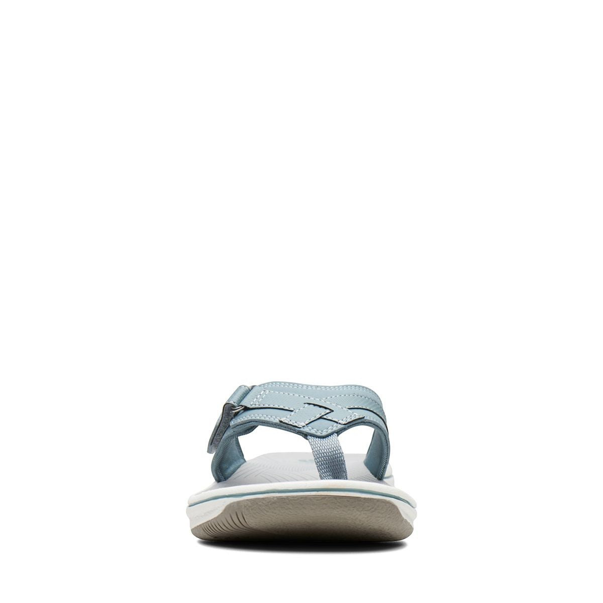 Clarks Breeze Sea flip-flops in blue gray with a lightweight sole and adjustable strap closure. front view.