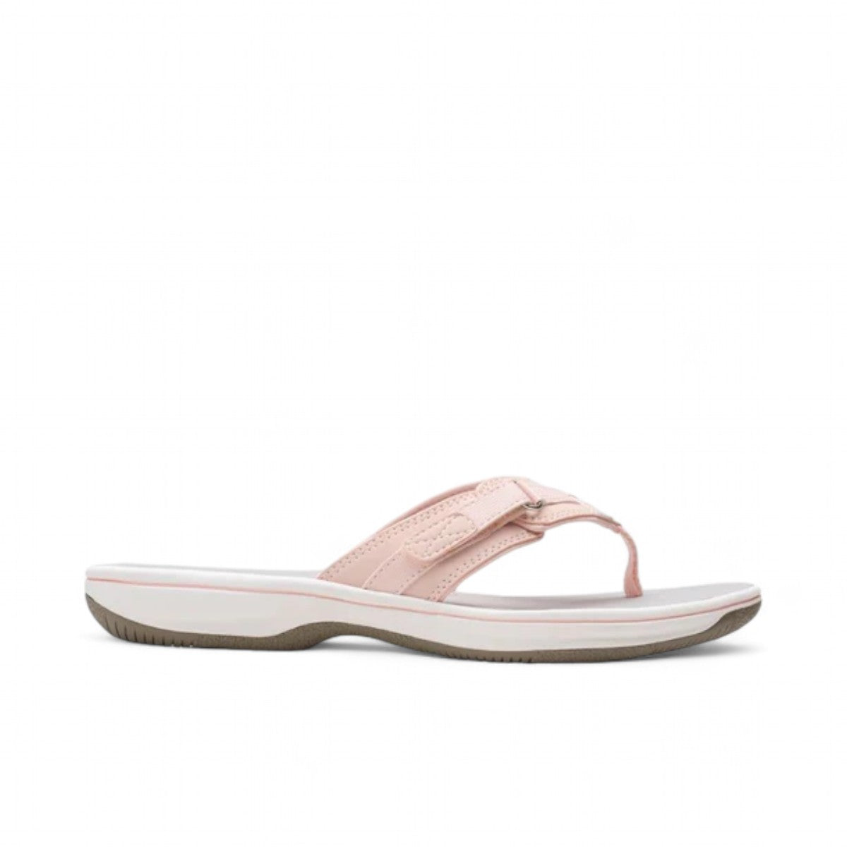 Clarks Breeze Sea blush pink lightweight flip-flop sandals with a discreet adjustable strap closure.
photo of the right side.
