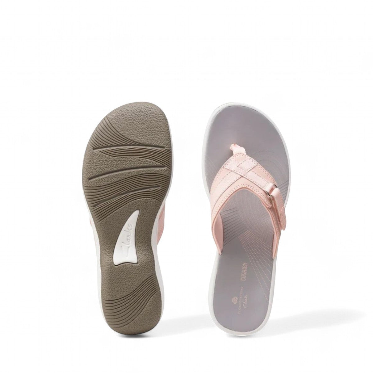 Clarks Breeze Sea blush pink lightweight flip-flop sandals with a discreet adjustable strap closure.
photo of the top.