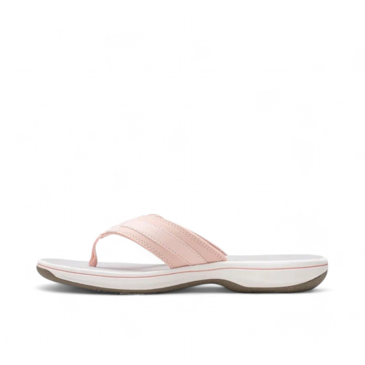 Clarks Breeze Sea blush pink lightweight flip-flop sandals with a discreet adjustable strap closure.
photo of the left.