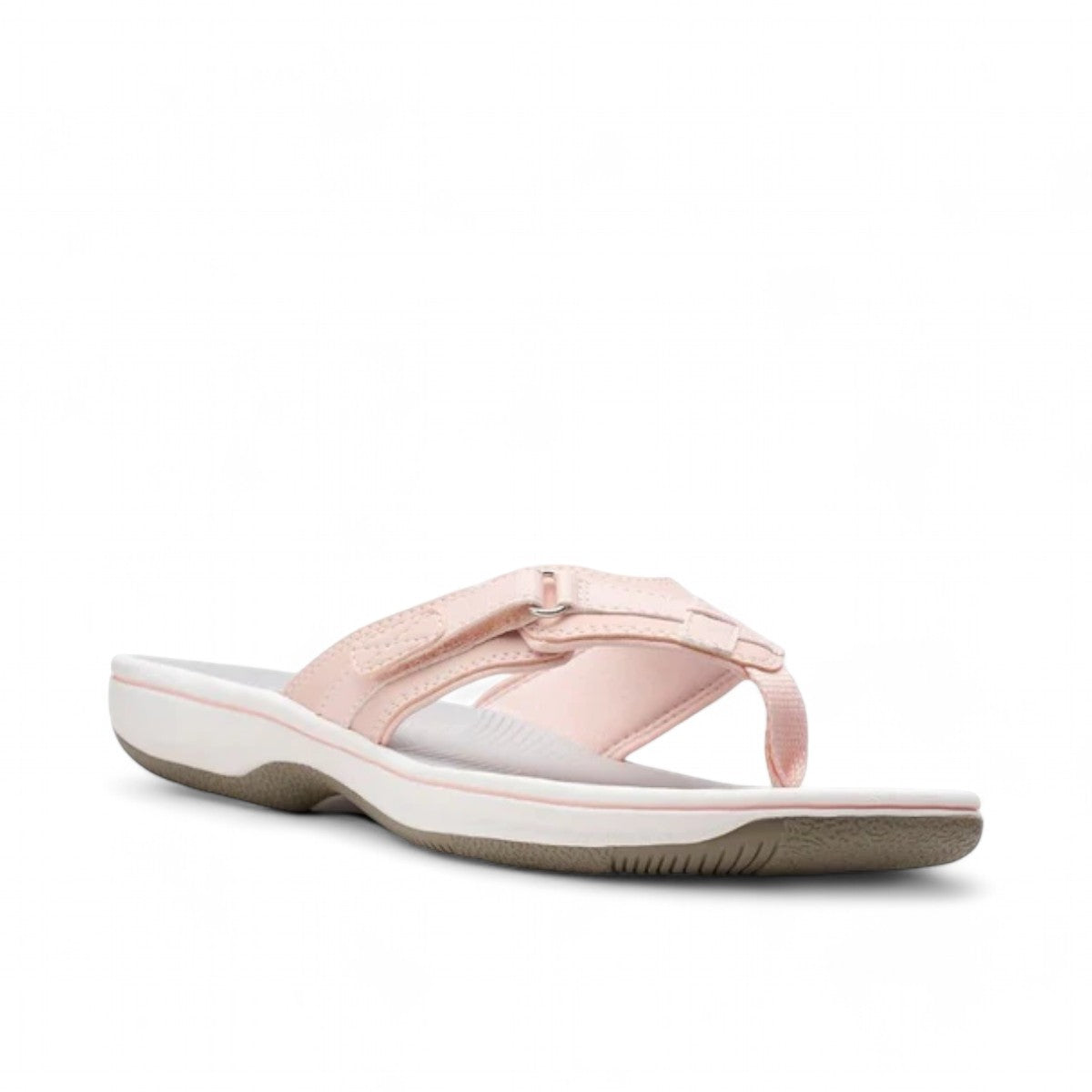 Clarks Breeze Sea blush pink lightweight flip-flop sandals with a discreet adjustable strap closure.
photo of the front.