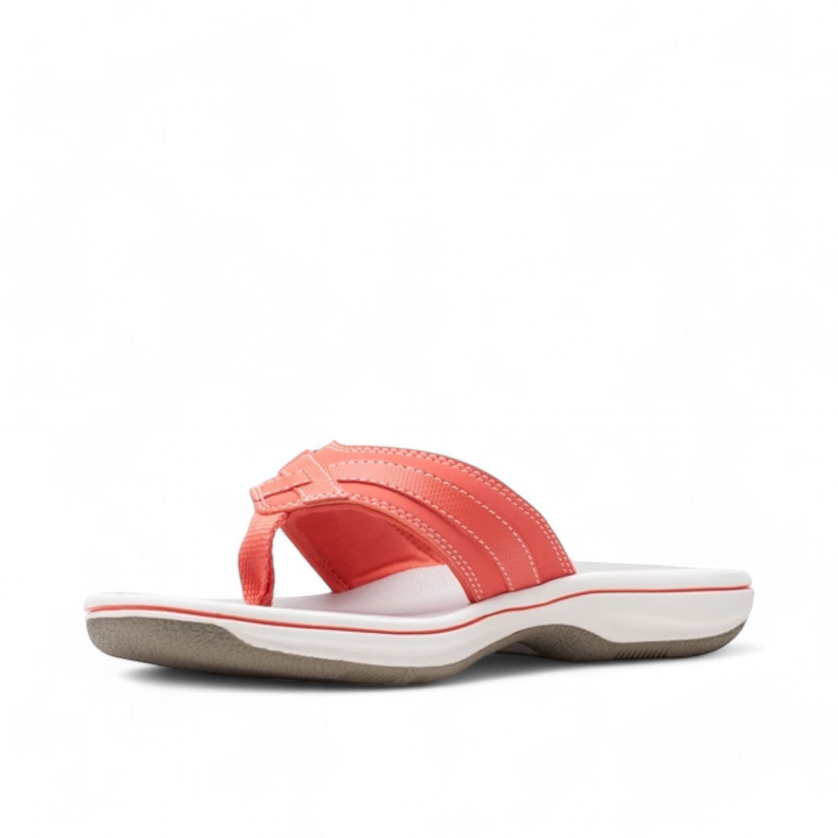Clarks Breeze Sea bright coral flip-flops with a lightweight sole and adjustable strap closure. photo of the front.