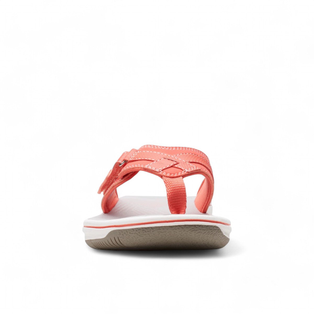 Clarks Breeze Sea bright coral flip-flops with a lightweight sole and adjustable strap closure. photo of the front.