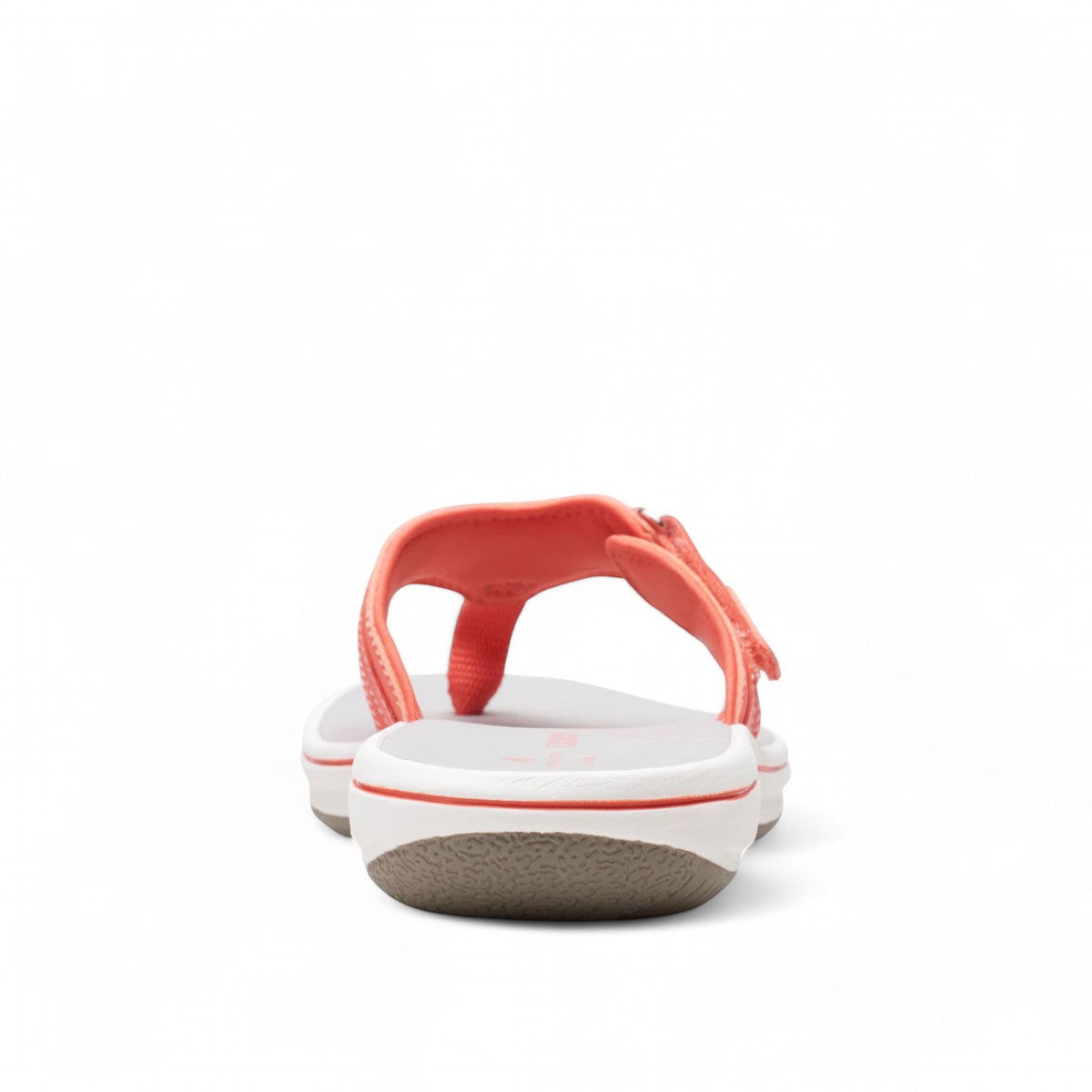 Clarks Breeze Sea bright coral flip-flops with a lightweight sole and adjustable strap closure. photo of the back.