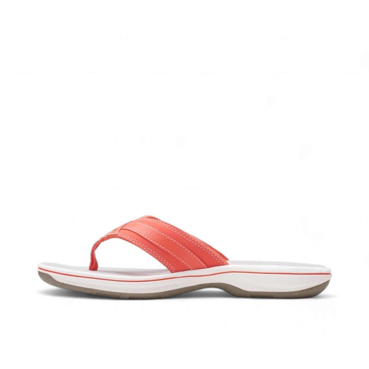 Clarks Breeze Sea bright coral flip-flops with a lightweight sole and adjustable strap closure. photo of the left side.