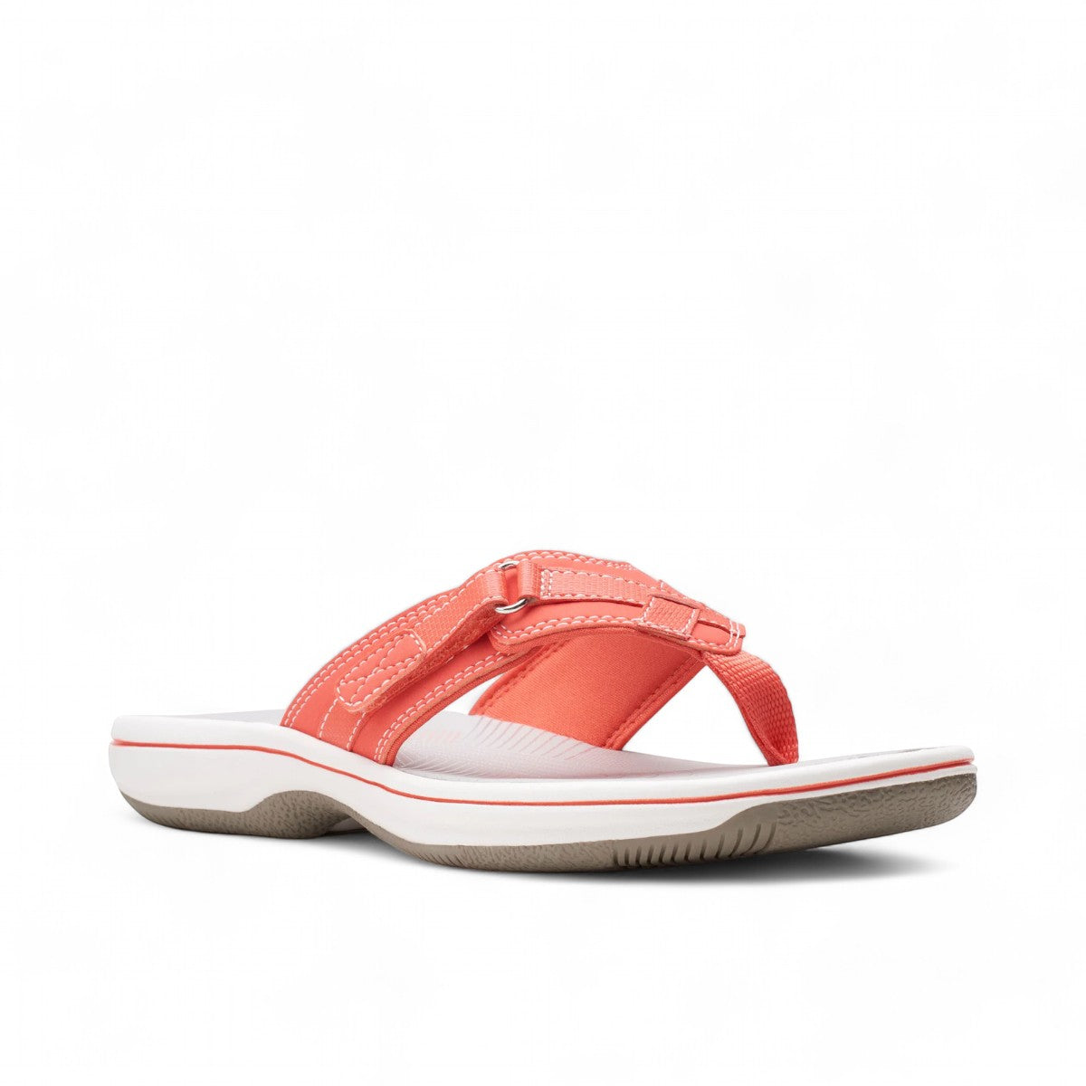 Clarks Breeze Sea bright coral flip-flops with a lightweight sole and adjustable strap closure. photo of the front.