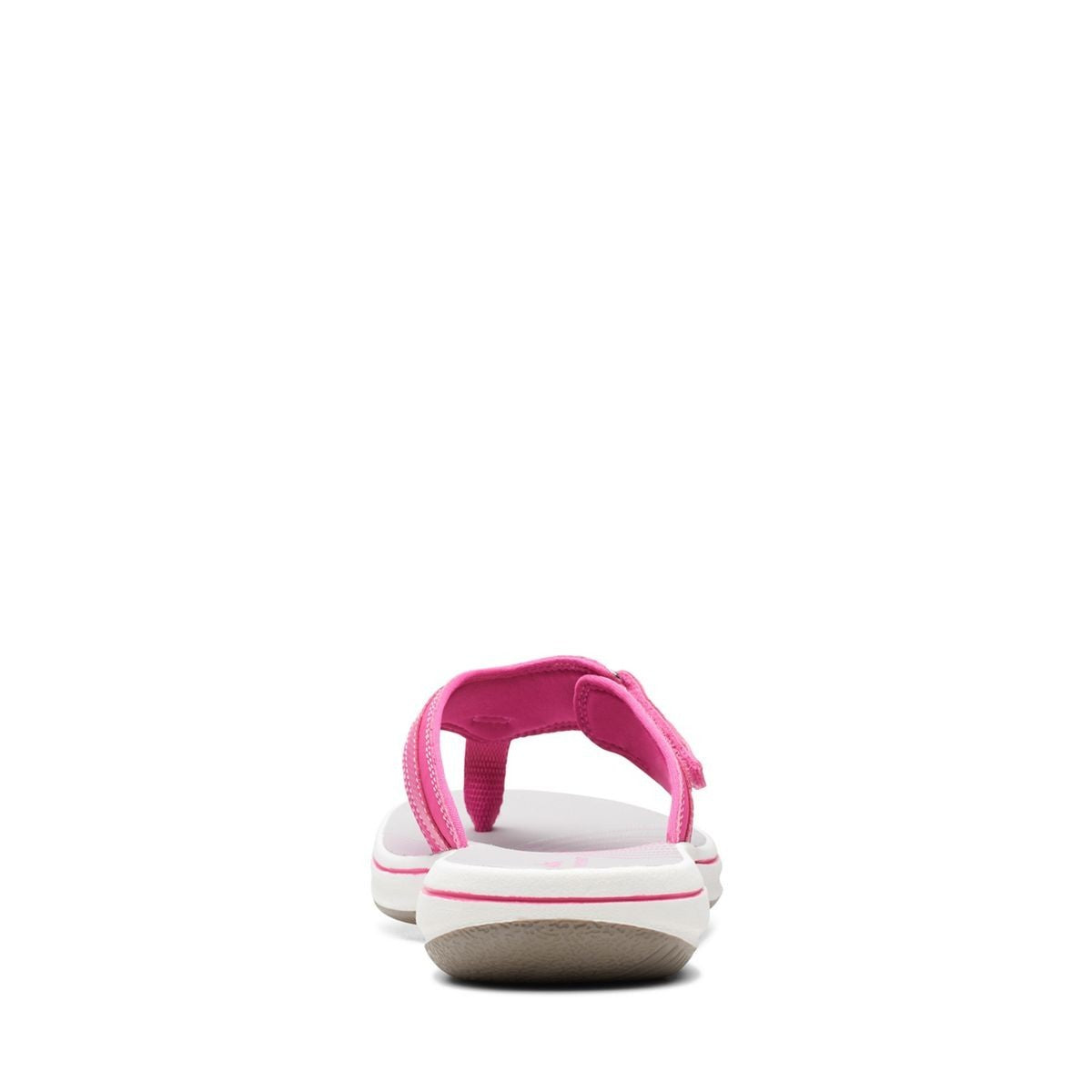 Clarks Breeze Sea fuchsia flip-flops with a lightweight sole and adjustable strap closure. back view.