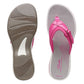 Clarks Breeze Sea fuchsia flip-flops with a lightweight sole and adjustable strap closure. top view.