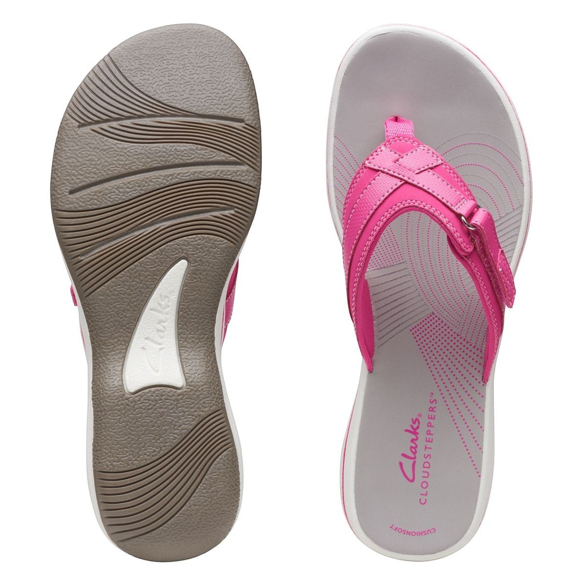 Clarks Breeze Sea fuchsia flip-flops with a lightweight sole and adjustable strap closure. top view.