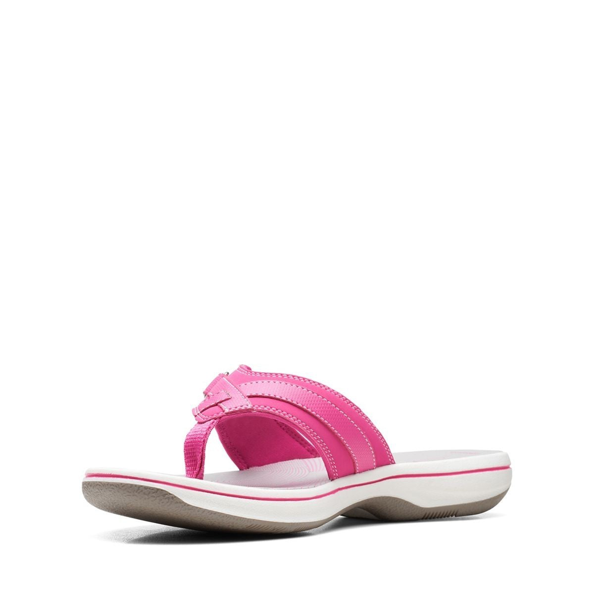 Clarks Breeze Sea fuchsia flip-flops with a lightweight sole and adjustable strap closure. left view.