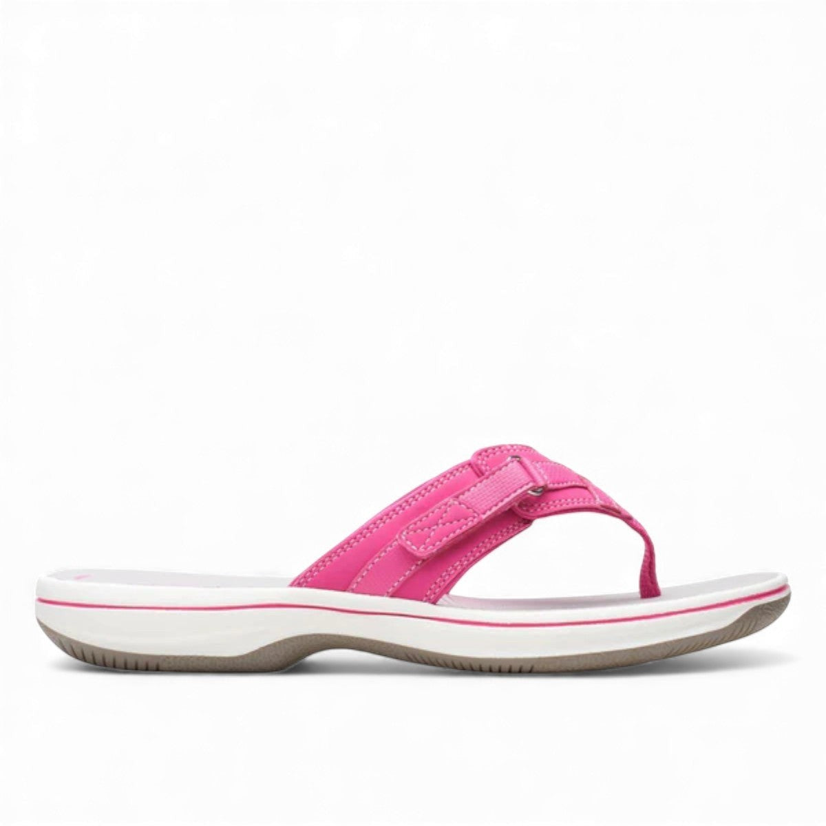 Clarks Breeze Sea fuchsia flip-flops with a lightweight sole and adjustable strap closure. right view.