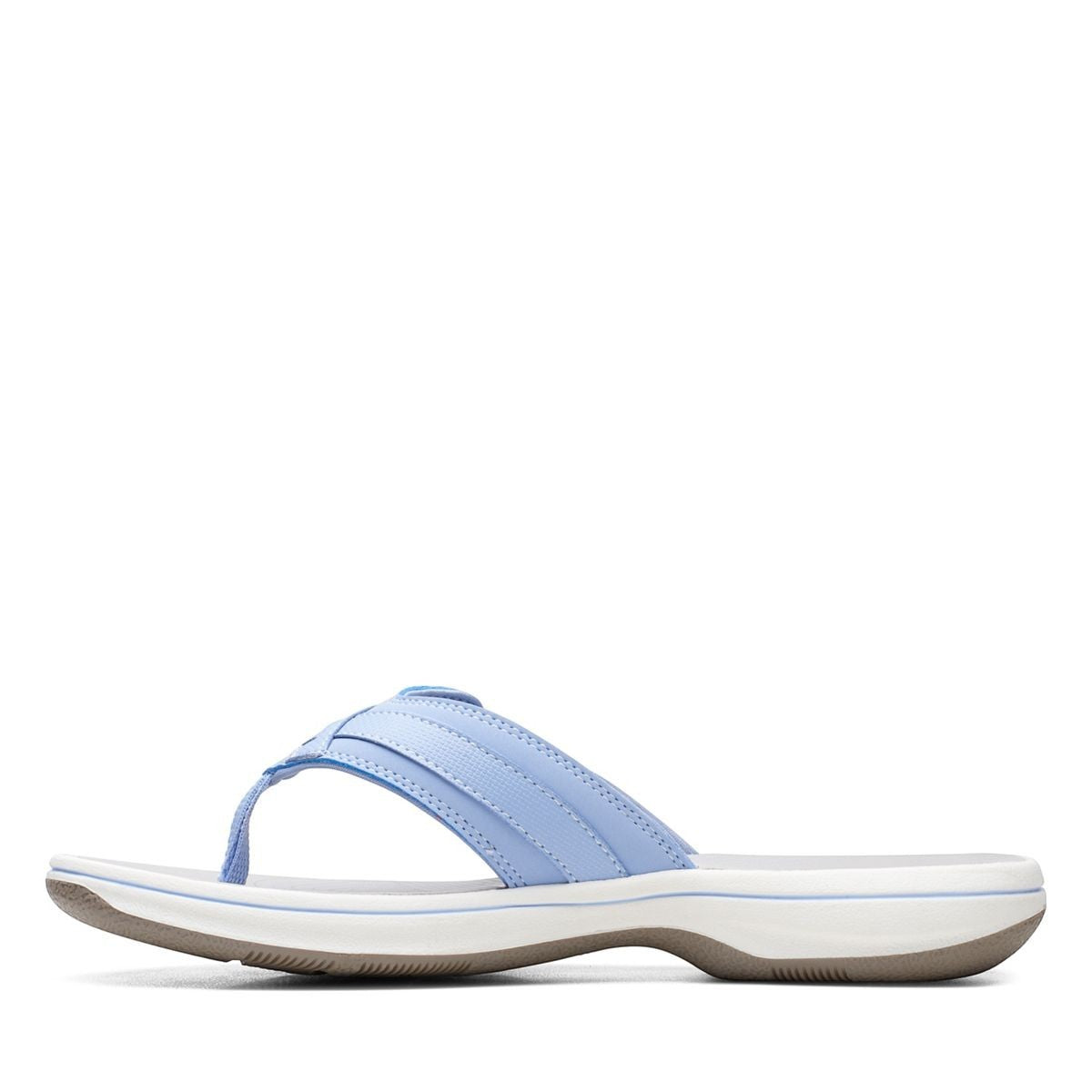 Clarks Breeze Sea lavender flip-flops with a lightweight sole and adjustable strap closure. left view.
