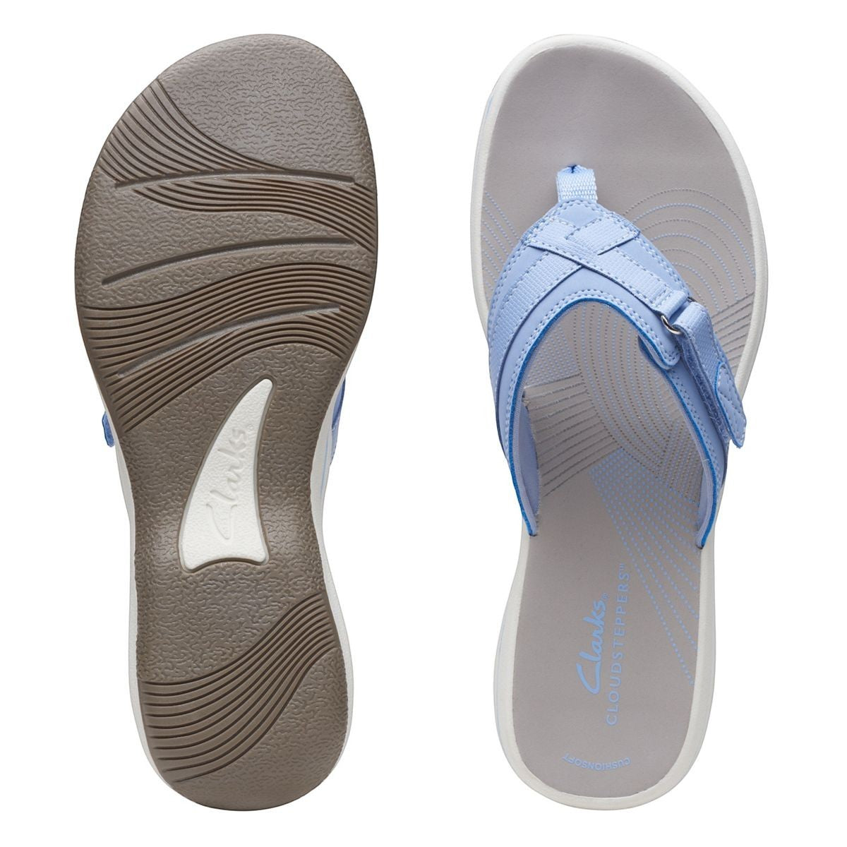 Clarks Breeze Sea lavender flip-flops with a lightweight sole and adjustable strap closure. top view.