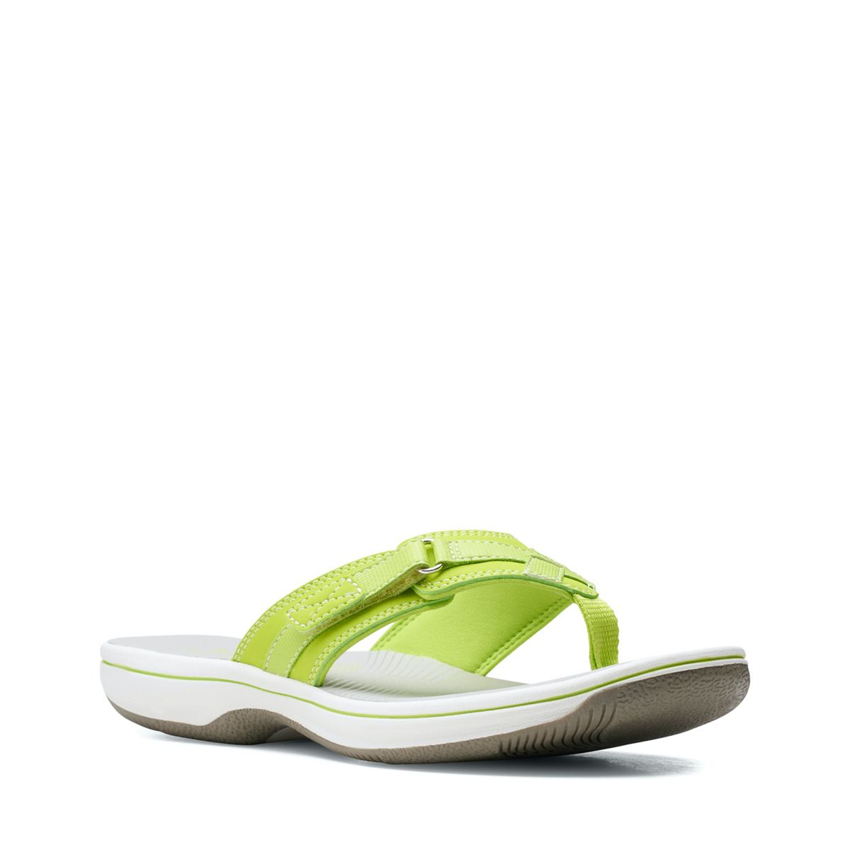 Clarks Breeze Sea lime green flip-flops with a lightweight sole and adjustable strap closure. front view.