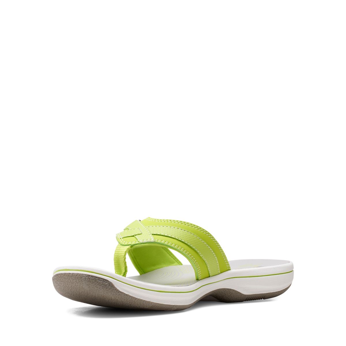 Clarks Breeze Sea lime green flip-flops with a lightweight sole and adjustable strap closure. left view.