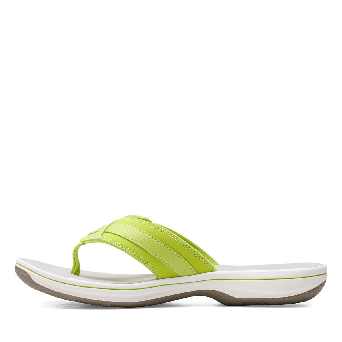 Clarks Breeze Sea lime green flip-flops with a lightweight sole and adjustable strap closure. left view.