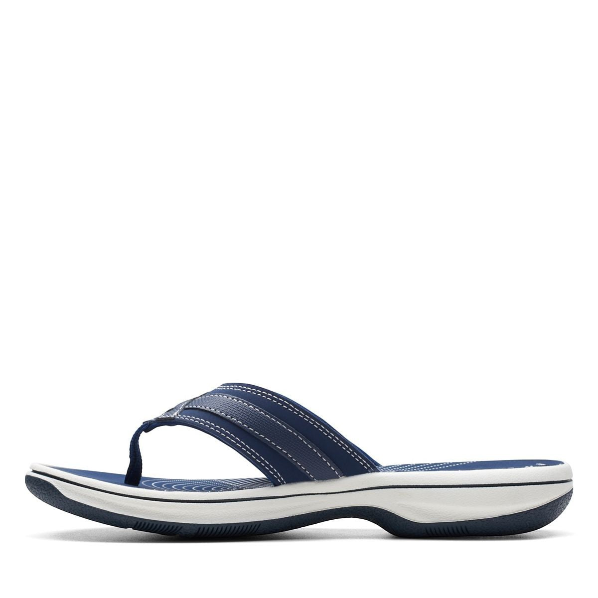 Clarks Breeze Sea navy synthetic flip-flops with a lightweight sole and adjustable strap closure. left view.