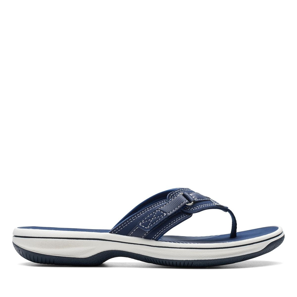 Clarks Breeze Sea navy synthetic flip-flops with a lightweight sole and adjustable strap closure. right view.