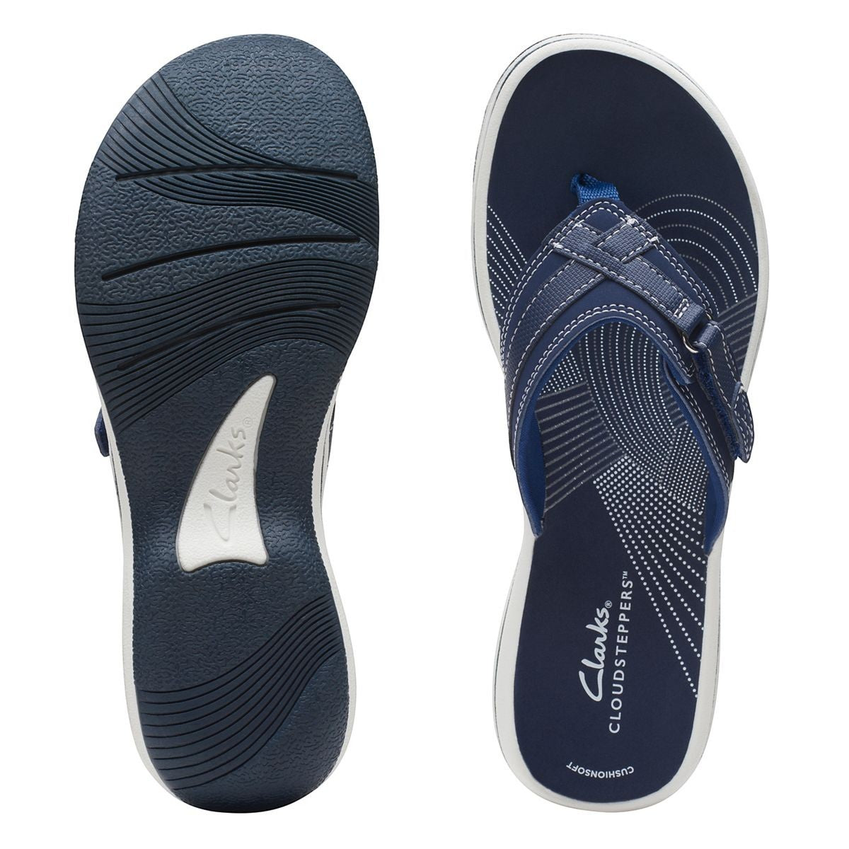 Clarks Breeze Sea navy synthetic flip-flops with a lightweight sole and adjustable strap closure. top view.