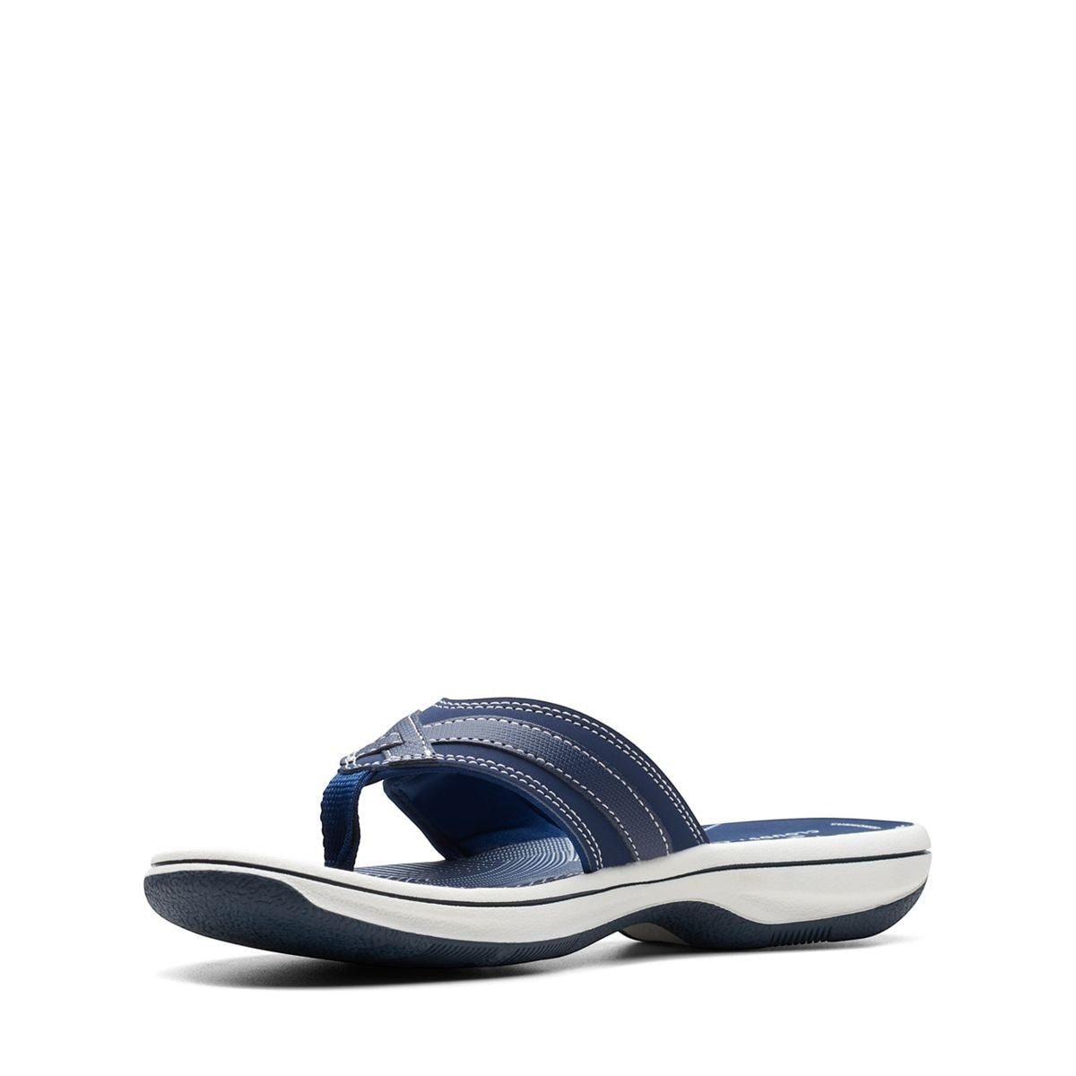 Clarks Breeze Sea navy synthetic flip-flops with a lightweight sole and adjustable strap closure. left view.