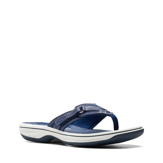 Clarks Breeze Sea navy synthetic flip-flops with a lightweight sole and adjustable strap closure. right view.