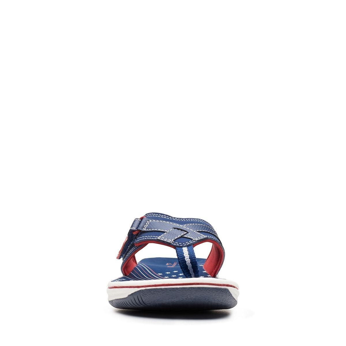 Clarks Breeze Sea navy and red flip-flops with star pattern, adjustable strap, and lightweight sole. front view.