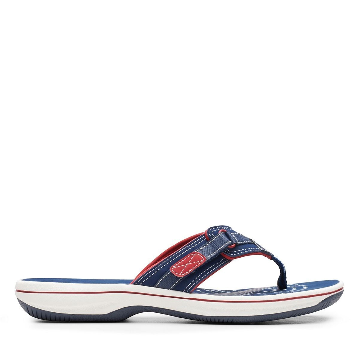 Clarks Breeze Sea navy and red flip-flops with star pattern, adjustable strap, and lightweight sole. right view.