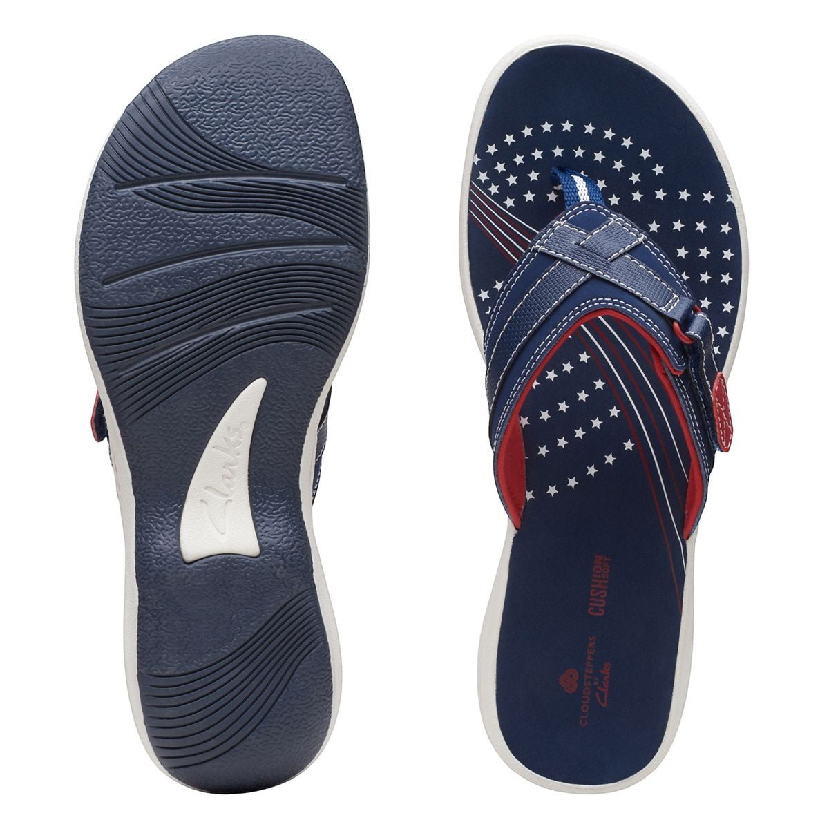 Clarks Breeze Sea navy and red flip-flops with star pattern, adjustable strap, and lightweight sole. top view