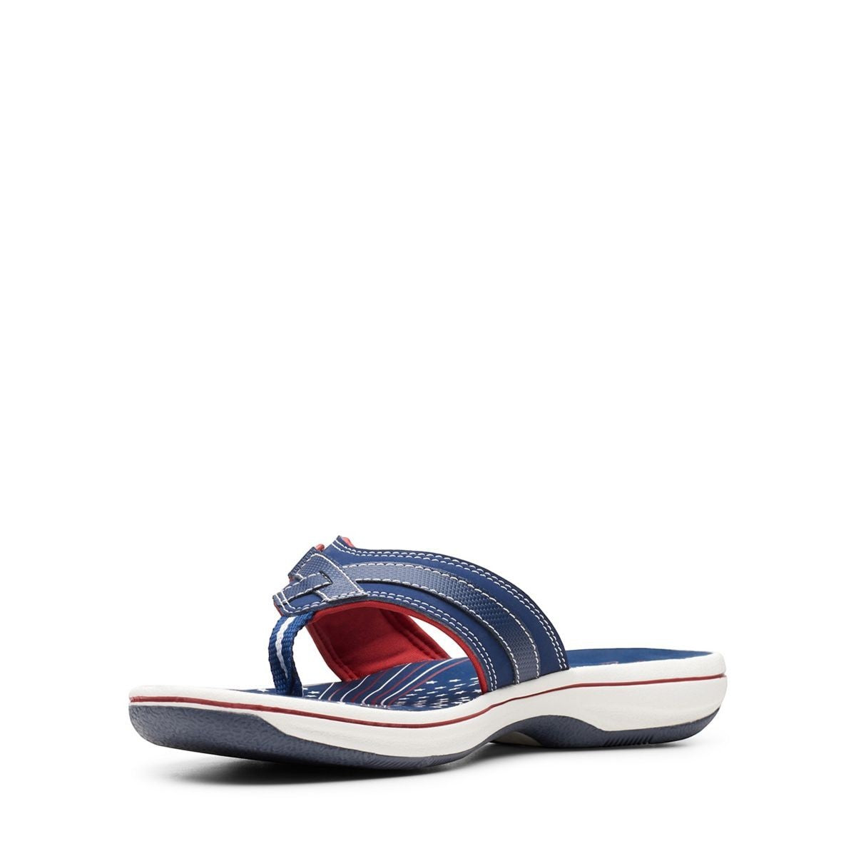 Clarks Breeze Sea navy and red flip-flops with star pattern, adjustable strap, and lightweight sole. front view.