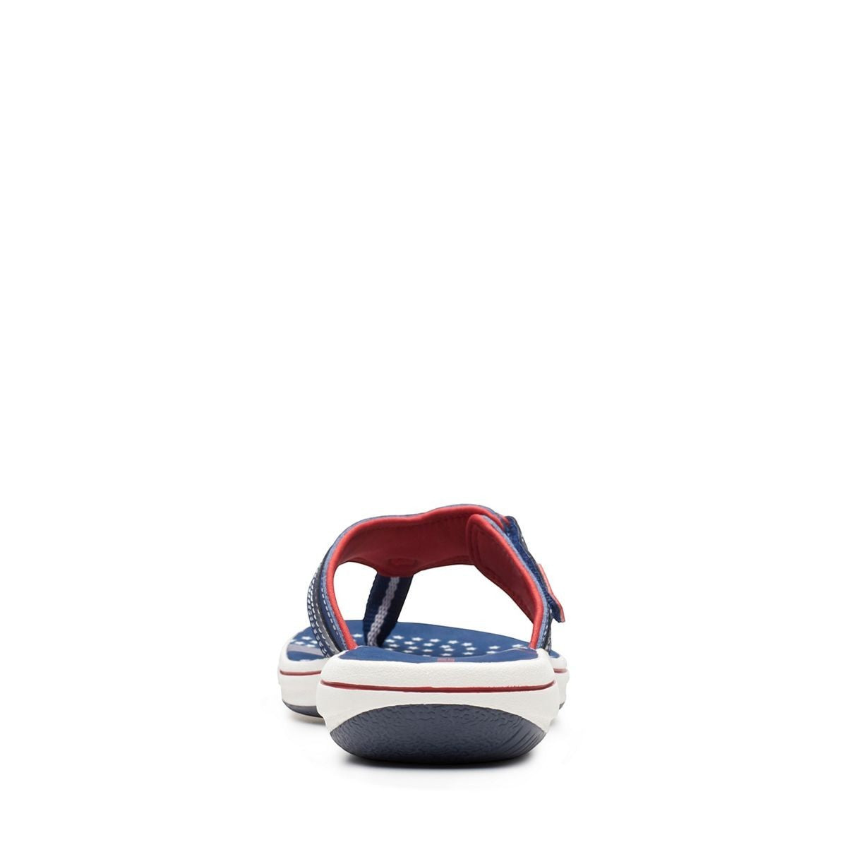 Clarks Breeze Sea navy and red flip-flops with star pattern, adjustable strap, and lightweight sole. back view.