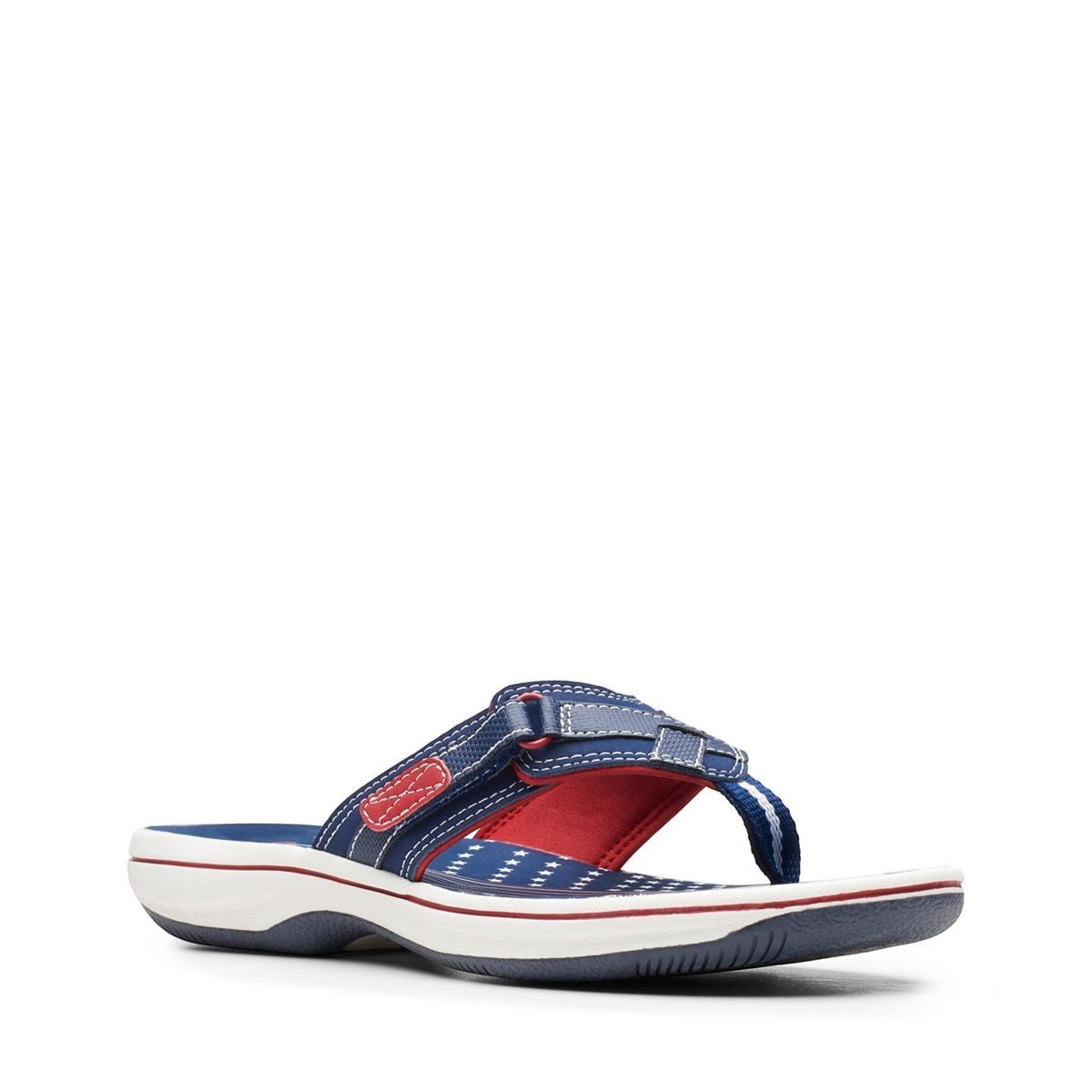 Clarks Breeze Sea navy and red flip-flops with star pattern, adjustable strap, and lightweight sole. right view.