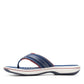 Clarks Breeze Sea navy and red flip-flops with star pattern, adjustable strap, and lightweight sole. left view.