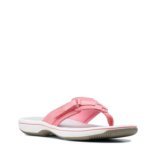 Clarks Breeze Sea flip-flops in orange-pink with a lightweight sole and adjustable strap closure. right view.