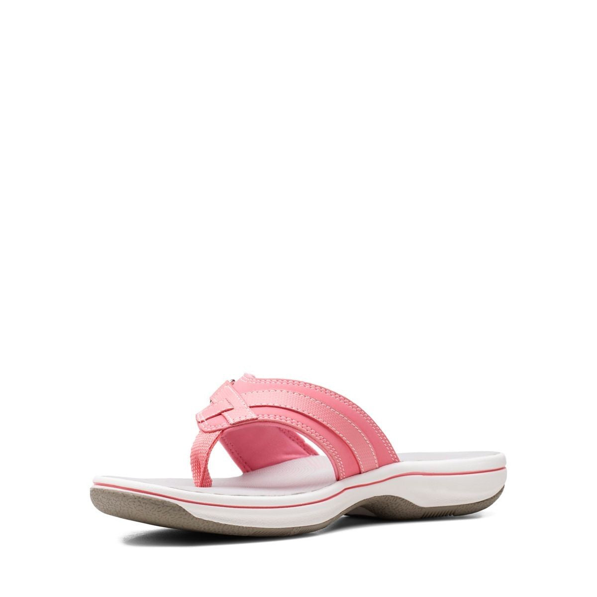 Clarks Breeze Sea flip-flops in orange-pink with a lightweight sole and adjustable strap closure. front view.