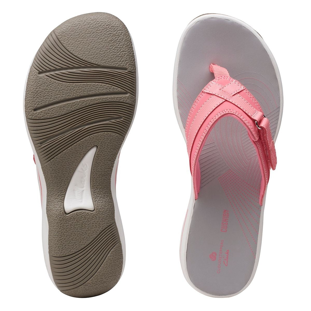 Clarks Breeze Sea flip-flops in orange-pink with a lightweight sole and adjustable strap closure. top view.