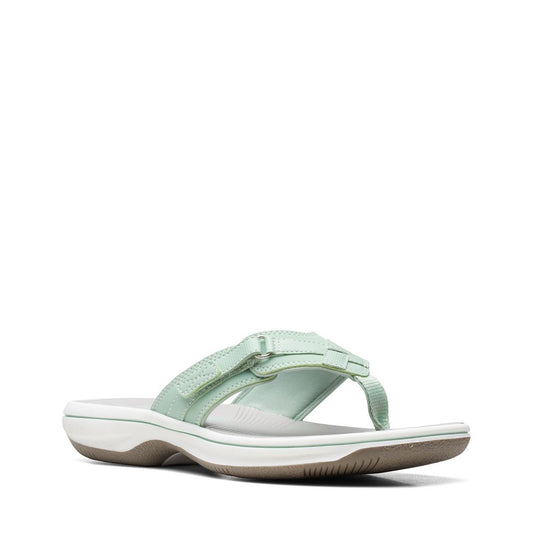 Clarks Breeze Sea flip-flops in pale green with a lightweight sole and adjustable strap closure. right view.