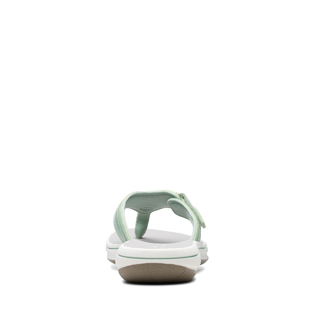 Clarks Breeze Sea flip-flops in pale green with a lightweight sole and adjustable strap closure. back view.