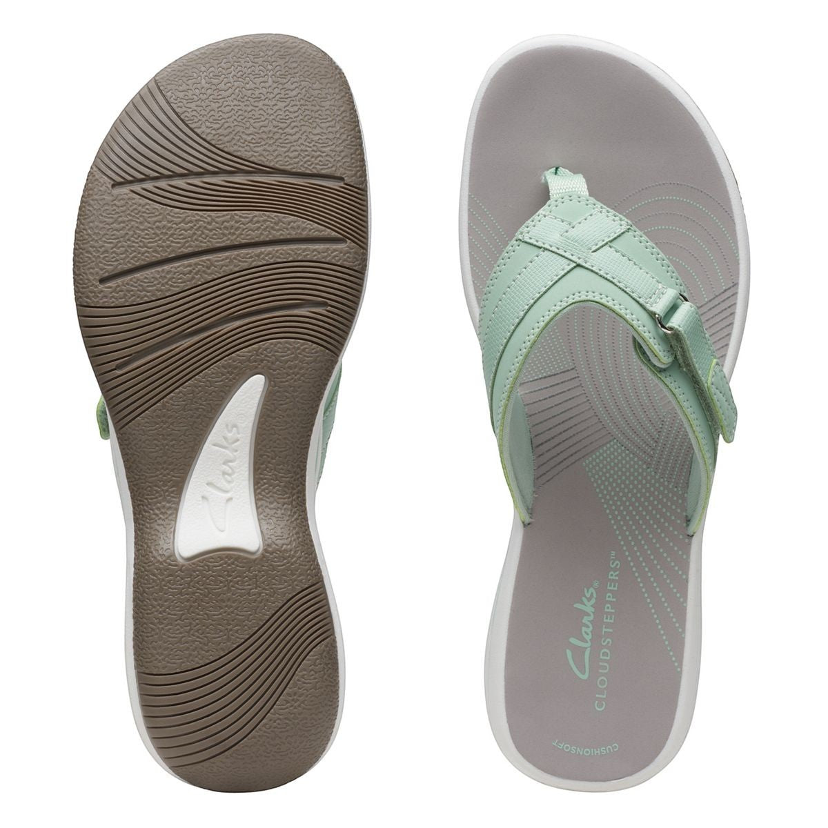Clarks Breeze Sea flip-flops in pale green with a lightweight sole and adjustable strap closure. top view.