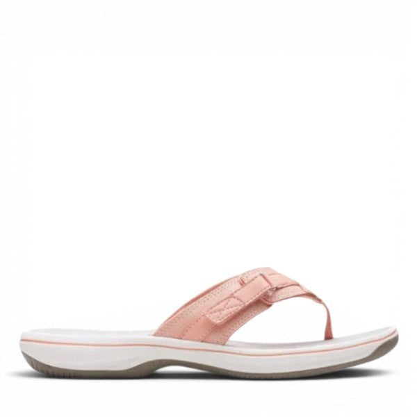 Sina Footwear Clarks Breeze Sea peach flip-flops with a lightweight sole and adjustable strap closure. photo of right side.