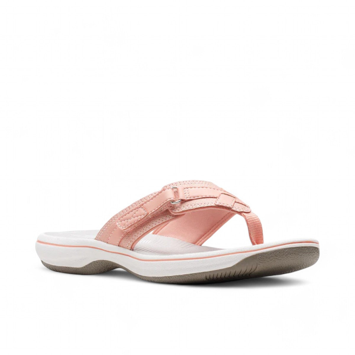 Sina Footwear Clarks Breeze Sea peach flip-flops with a lightweight sole and adjustable strap closure. Photo of left angle.